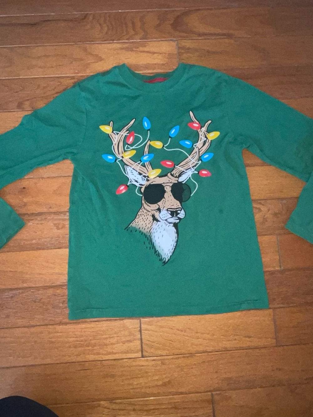 Holiday Time Green Long-Sleeve Tee with Sunglasses Reindeer and Colorful Lights